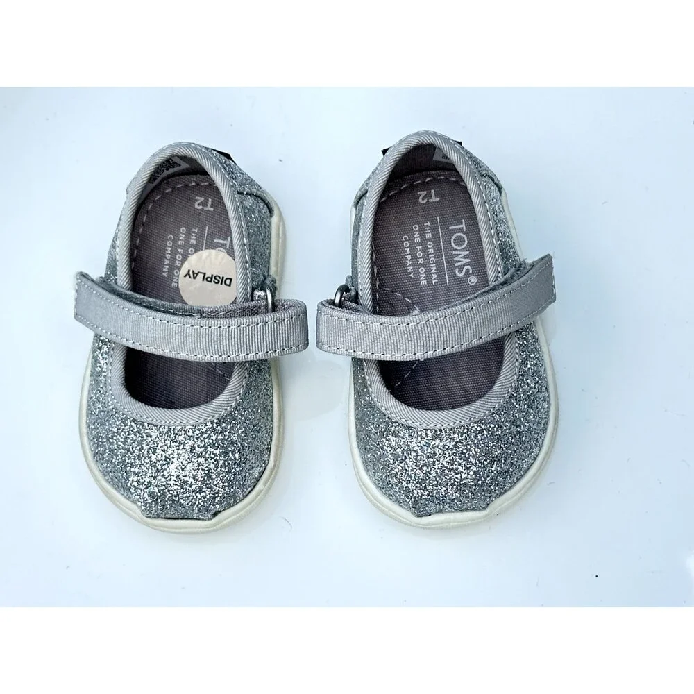 NEW TOMS Youth Silver Iridescent Slip On Canvas Shoes  - Size 2T Toddler